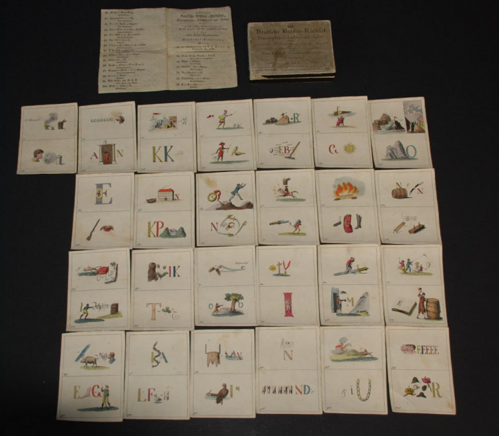 Biedermeierspiel * Deutsche Bilder-Rätsel * 50 Stück litho. handkolor. * um 1850/1860