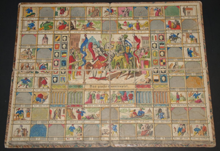 uralter Spielplan * Das große Ritter Turnierspiel * litho. handcolor. von 1862