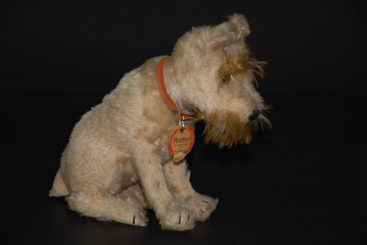 Steiff dog rattler mohair plush with neck mechanism * height 7,5 inch * 1930s