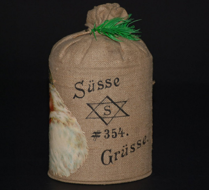 uralte Candybox Geschenkesack * süße Grüße Nr. 354 * Höhe 16 cm * um 1900