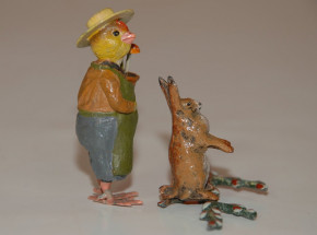 österliche Miniaturen * Hase & vermenschlichte Kückendame als Gärtnerin * um 1900