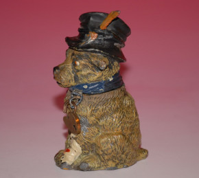 uralte Georg Heyde Zinnguß Spardose * Hund Strolch * handbemalt * um 1900