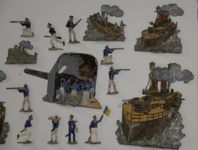 seltene G. Spenkuch Seeschlacht-Szenerie * 24 Teile & 2 große Schiffe * um 1900/10