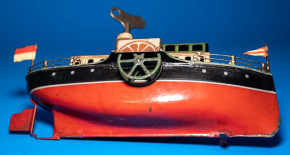 uralter Schaufelrad Flußdampfer mit Uhrwerk * L 23 cm * Blech HL/litho. * um 1910/1920